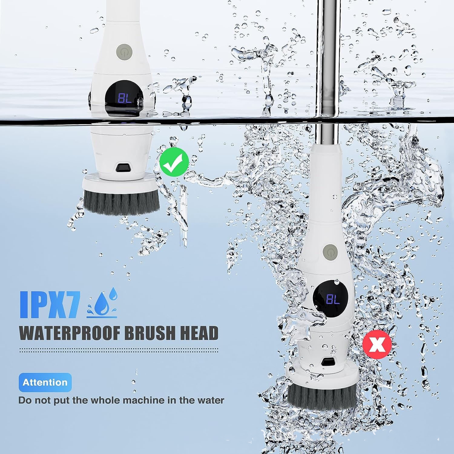 Diagramm, das den untergetauchten IPX7-wasserdichten Bürstenkopf zeigt, während der Griffkörper über Wasser bleibt